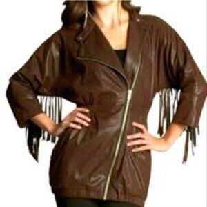 Bebe Kardashians Women Perforated Suede-like Fringe Jacket Brown Gold Zip Size M
